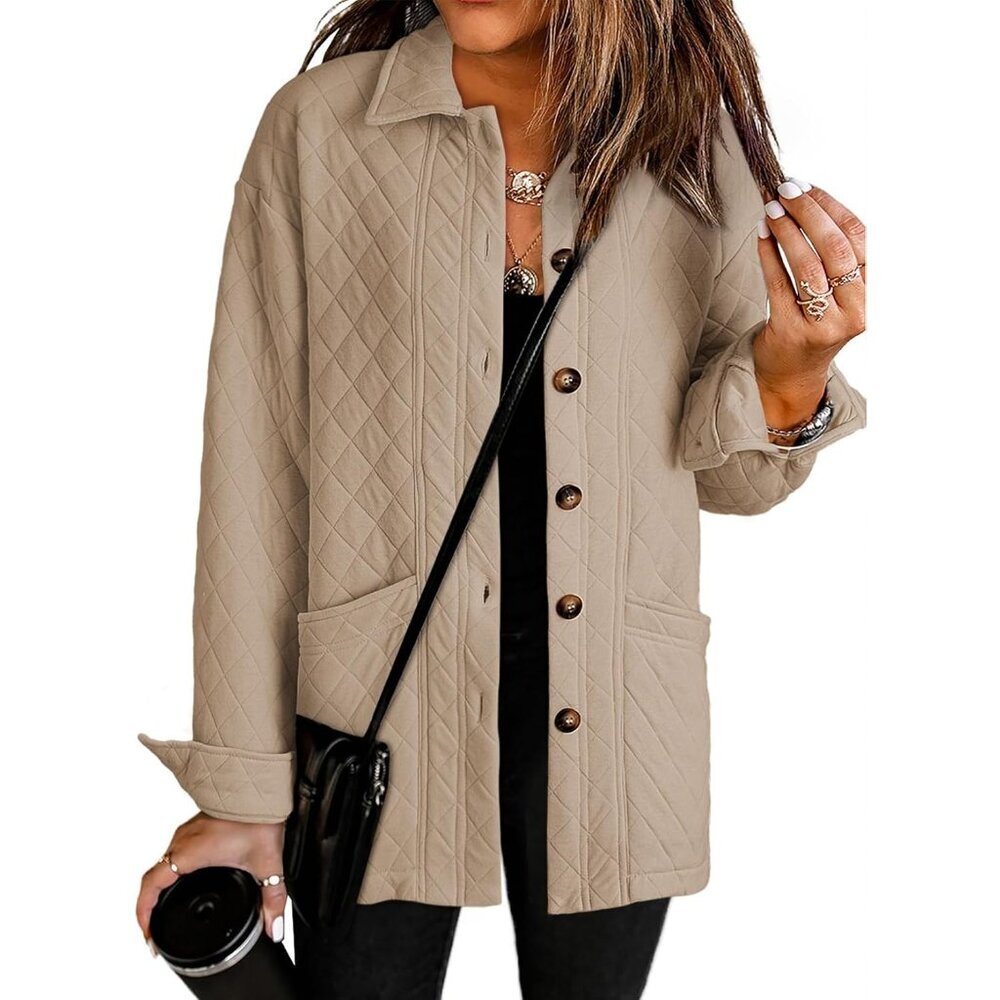 Women's Smoke Gray Button Down Collared Long Sleeve Jackets Coats Pockets